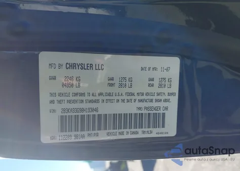 2008 Dodge Charger Sxt z USA, uszkodzony, nr VIN 2B3KA33G98H193046